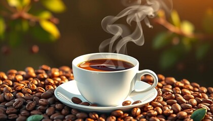 A steaming cup of coffee, coffee beans scattered around, vector illustration,  vector,  coffee art
