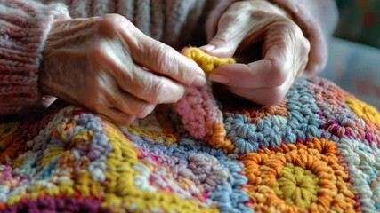 Elderly hands crafting a colorful handmade crochet blanket