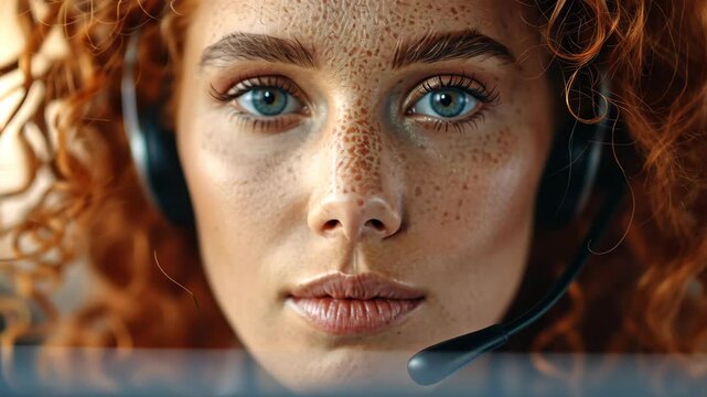 Professional Contact Center Representative: A determined contact center representative exudes competence and warmth, captured in a close-up, perfect for illustrating customer service and support.