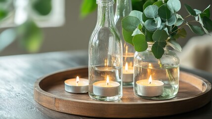Wooden tray with candles in glass bottles.  Eucalyptus sprigs