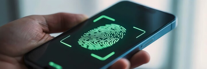 Smartphone fingerprint scan animation in neon green – Great for security interface design, futuristic identity themes, or mobile UX promotion
