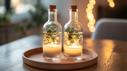 Two candles in glass bottles, decorated with greenery