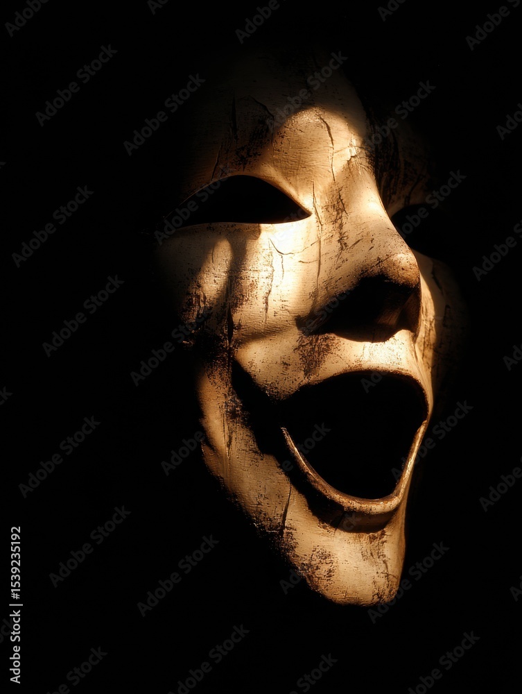 Poster screaming shadow emerges from calm mask with glowing light capturing contrasting emotions at twiligh