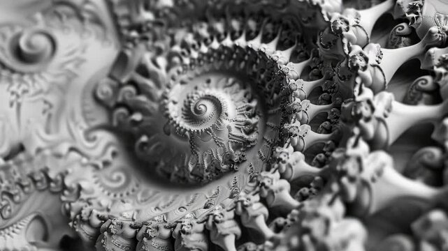 A mesmerizing black and white digital  featuring intricate patterns that swirl around a central mandala design, evoking surrealism and fantasy elements.