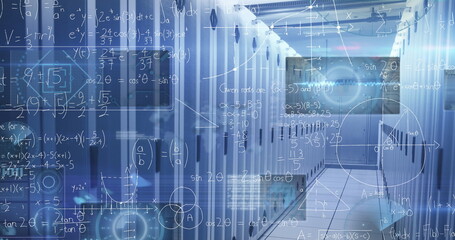 Displaying data center aisle flanked by server cabinets with indicator lights, equation overlays