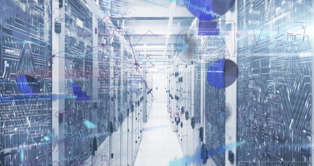 Displaying server racks lining data center corridor with switches, blinking LEDs, circuit overlays