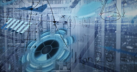 Projecting holographic circular interface floating in server room, with racks, LEDs and data arrows