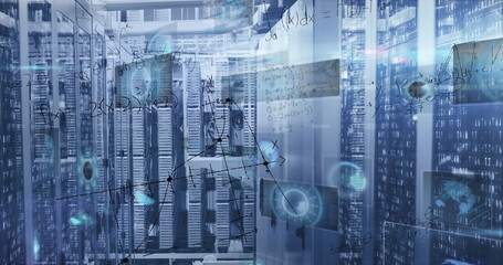 Running server cabinets processing data at data center, with neat cabling and holographic overlays