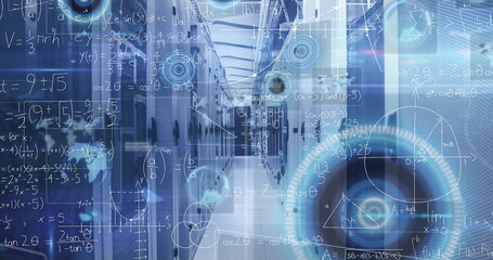 Showing server corridor featuring racks, switches, cable trays, LED lights and math HUD overlays