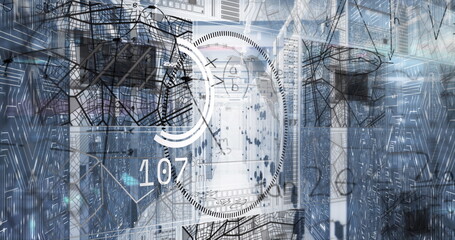Central data center corridor extending in server room, with network cables, LEDs, gauge overlay