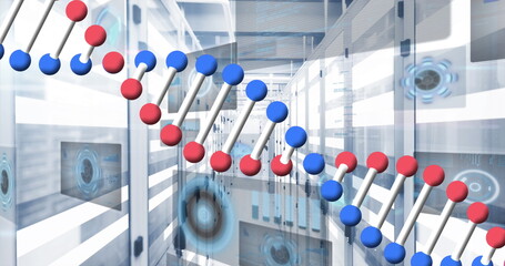 Showing DNA helix in lab corridor, with glass-panel racks and holographic circular data screens © vectorfusionart