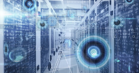 Displaying server rack corridor showing digital overlay in data center, blinking LEDs and cables