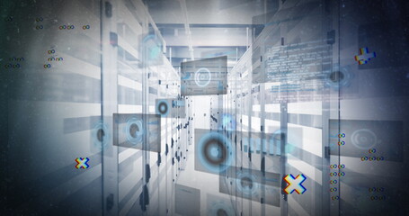 Hovering holographic screens lighting data center aisle, with server racks and overhead cable trays
