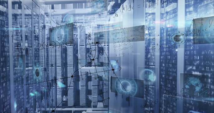 Running server cabinets processing data at data center, with neat cabling and holographic overlays - Powered by Adobe