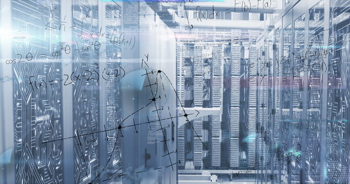 Showcasing glass-front server racks in data center, with circuit-pattern panels and math overlays
