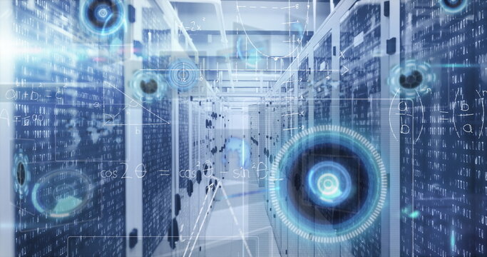 Displaying server rack corridor showing digital overlay in data center, blinking LEDs and cables