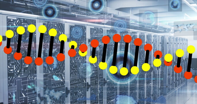 Floating stylized DNA helix in data center aisle, with server racks, blue HUD overlays