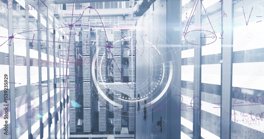 Poster showing server rack corridor featuring blinking units in data center with cables and hud overlay