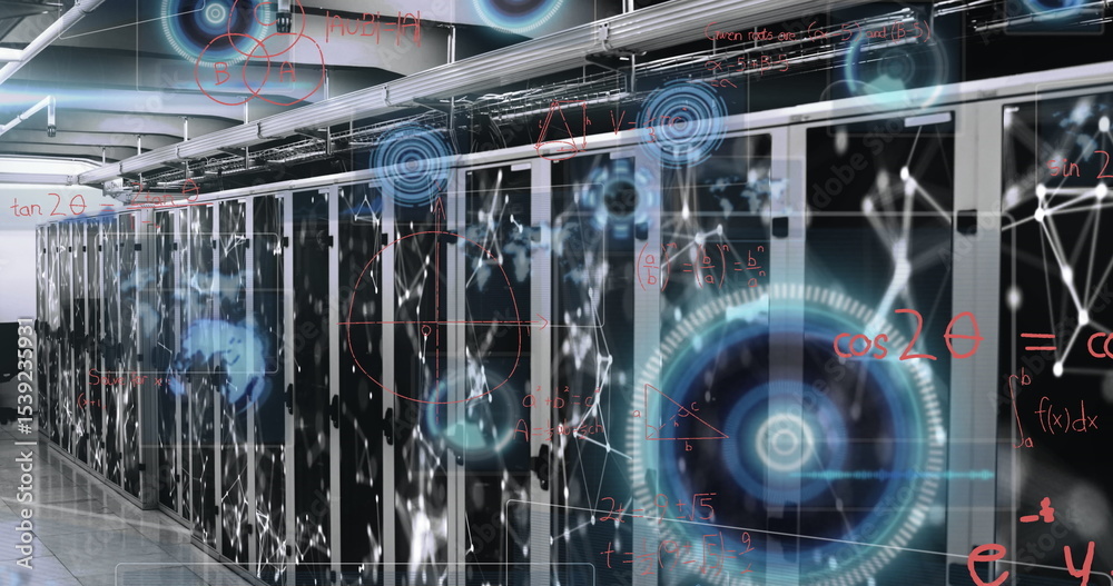 Poster glowing server racks projecting holographic network visuals in data center, floating formulas