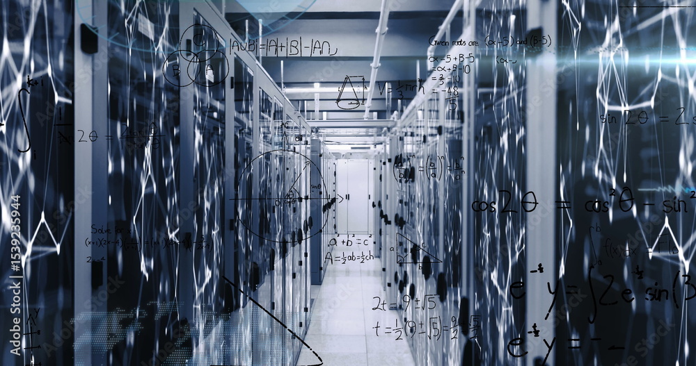 Poster displaying superimposed formulas floating over rows of server racks in data center, with led lights