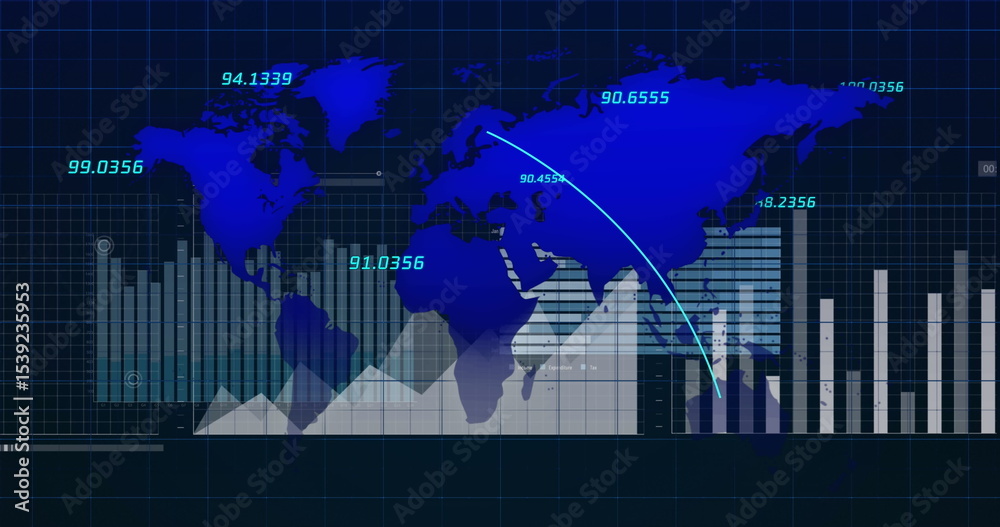 Poster displaying digital world map showing data visualization on dashboard, with bar charts and arrow