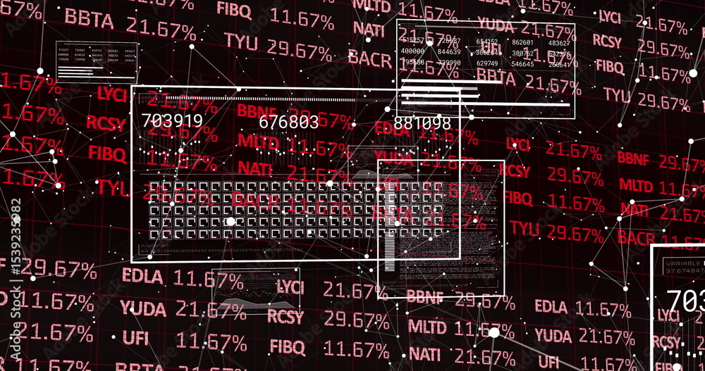 Poster network visualization panels floating in dashboard, with red ticker codes, percentage values, nodes