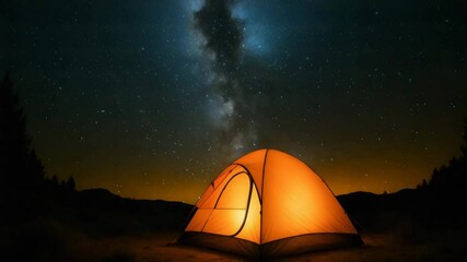 A vibrant orange tent illuminated against a starry night sky, showcasing the beauty of camping under the Milky Way. Perfect for adventure seekers and nature lovers. - Powered by Adobe