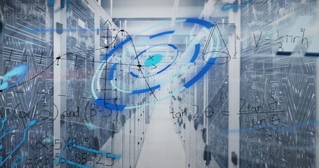 Server racks extending in data centre corridor flashing LED indicators, with holographic data swirl