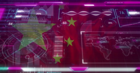 Obraz premium Projecting Chinese flag over command dashboard, with circular meters, world map and DNA waveform