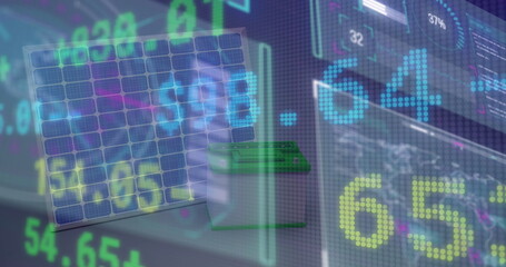 Solar panel and battery storage floating in virtual dashboard, with numeric data and chart overlays