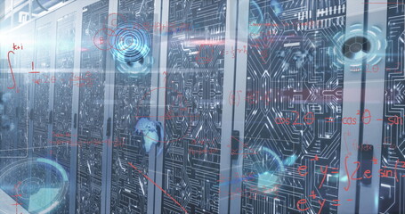 Displaying server cabinets featuring circuit panels in data center, floating red equations blue HUD