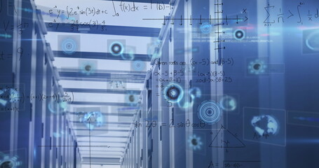 Displaying central server cabinets lining data center corridor, with holographic formula overlays