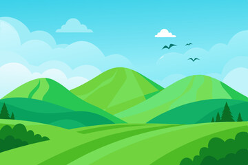 Fototapeta premium Green summer mountain landscape with clouds, trees, and a vibrant sky