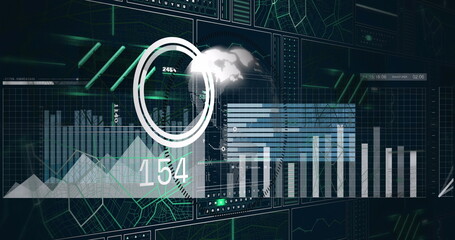 Displaying data dashboard panel at virtual control room, with triangular charts and ring gauge