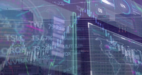 Displaying translucent financial charts with neon candlesticks and percentages over city skyline