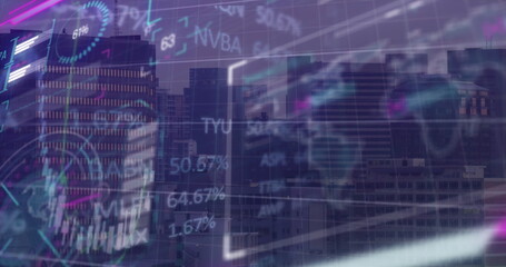 Displaying city skyline showing neon data overlays at urban business district, with HUD elements