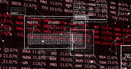 Network visualization panels floating in dashboard, with red ticker codes, percentage values, nodes