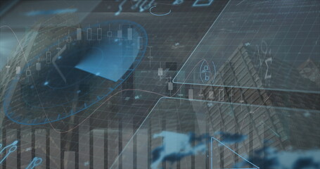 Data overlay showing candlestick and bar graphs over urban skyline, with numeric markers and gauge