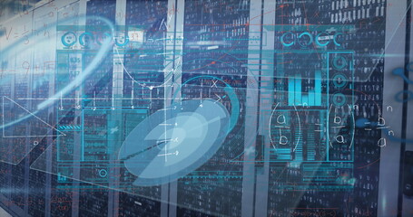 Streaming digital overlays across black server cabinets in data center aisle, with LED indicators