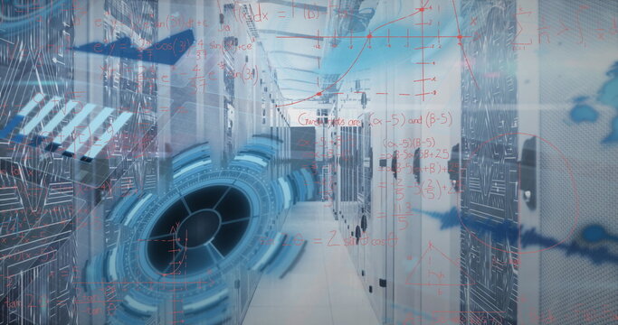 Stretching aisle walkway into distance at datacenter corridor, with server racks, digital overlays