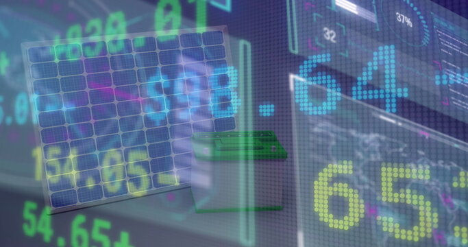 Solar panel and battery storage floating in virtual dashboard, with numeric data and chart overlays
