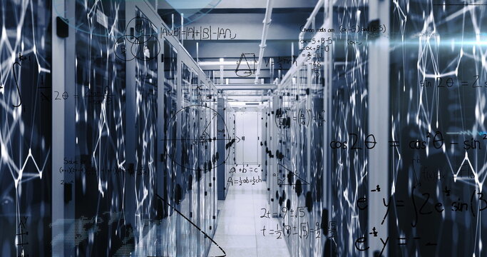 Displaying superimposed formulas floating over rows of server racks in data center, with LED lights - Powered by Adobe