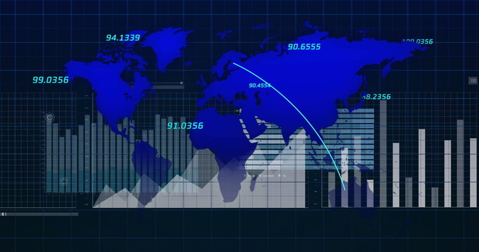 Displaying digital world map showing data visualization on dashboard, with bar charts and arrow - Powered by Adobe