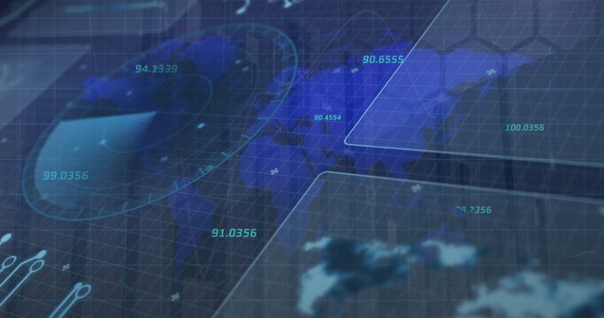 Presenting interface displaying world map in control panel, with numeric readouts and radar overlay