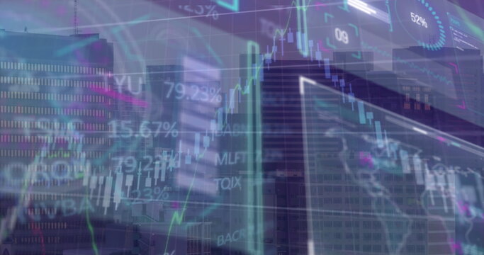 Displaying translucent financial charts with neon candlesticks and percentages over city skyline