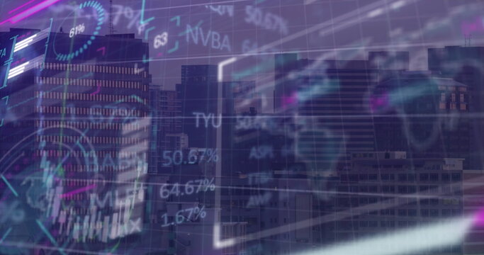 Displaying city skyline showing neon data overlays at urban business district, with HUD elements