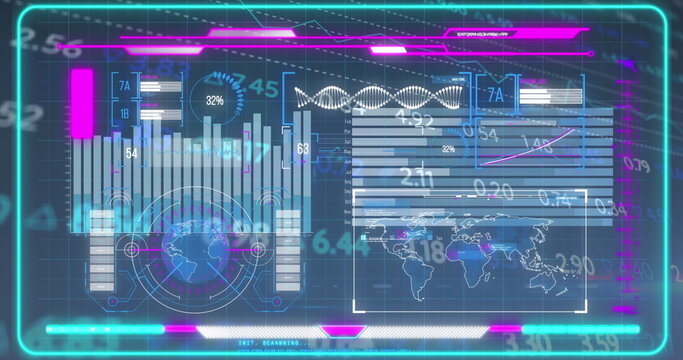 Displaying holographic interface showing bar charts and world map in control hub, with neon borders