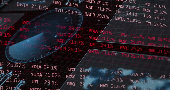 Displaying alphanumeric codes and percentage values on financial trading screen with blue circle