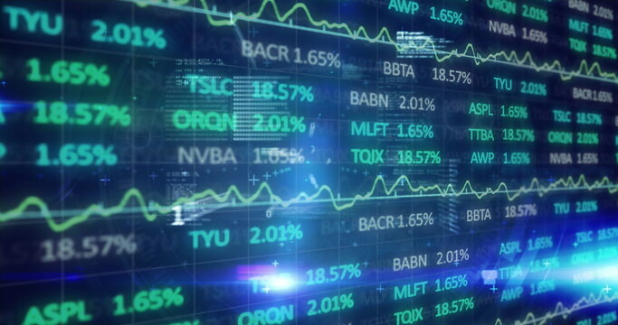 Displaying luminous electronic stock market data on trading desk screen, with neon green line graph