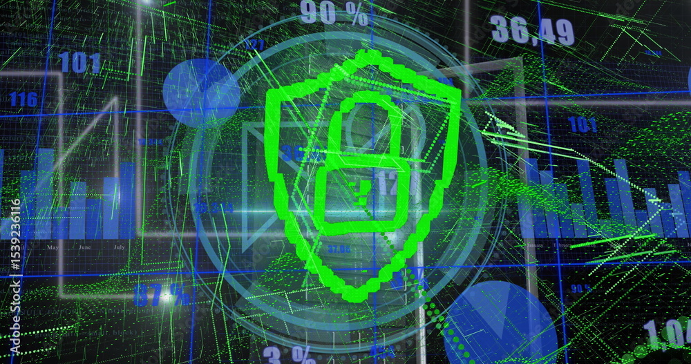 Poster green pixelated shield with padlock icon securing data in dashboard, with bar charts and streams